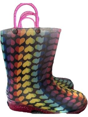 Colorful Heart Pattern Kids Rain Boots - Pink Handles Wildkin Size 11 gardening